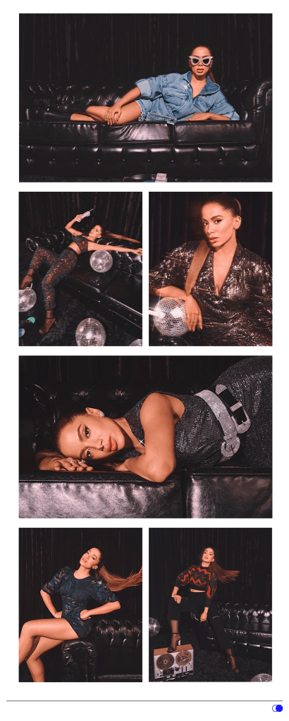 Montage of six campaign photos of Anitta wearing Colcci’s Autumn 2020 collection on a black leather sofa.